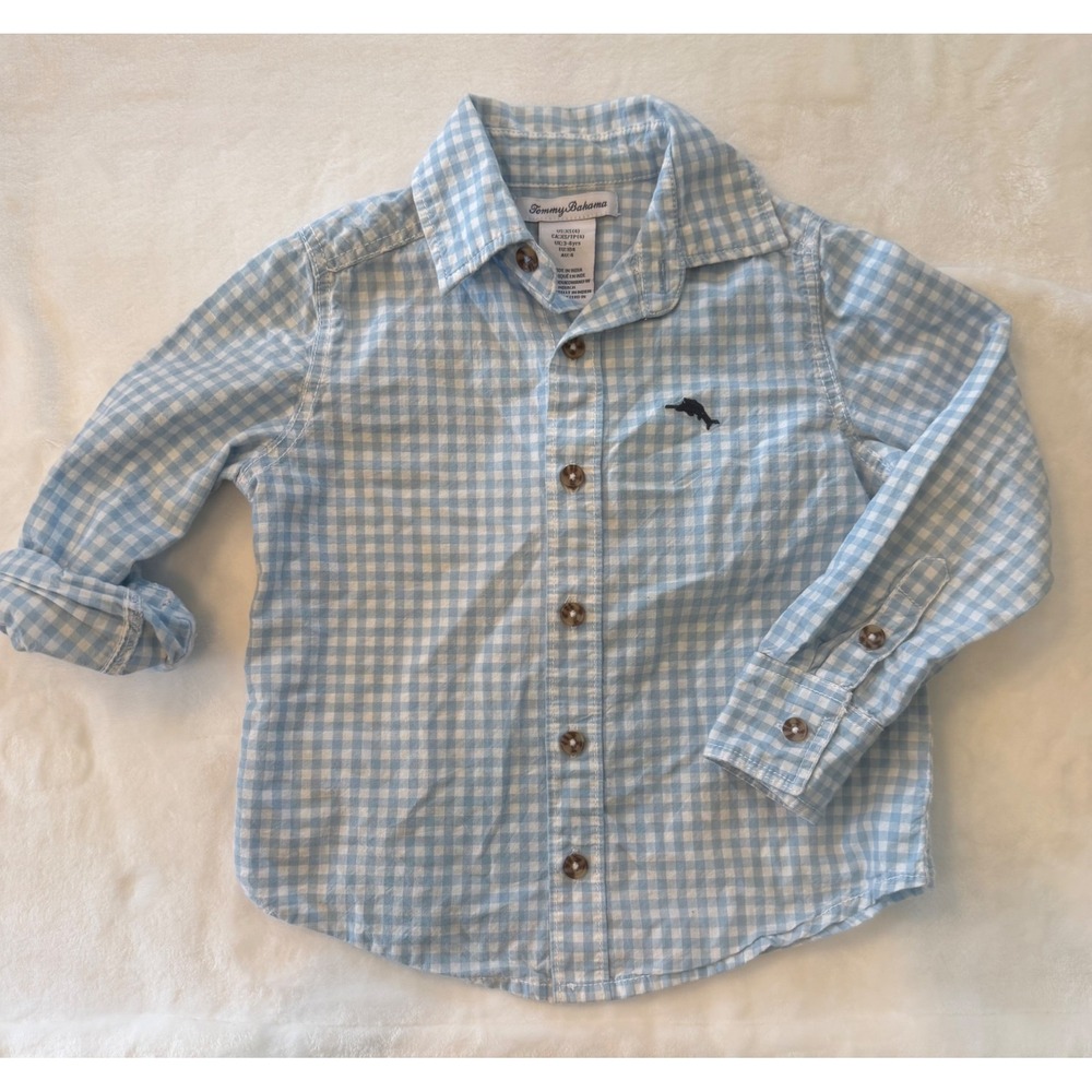 Tommy Bahama Boys Blue Gingham Button Down Shirt XS 4 Long Sleeve Marlin Logo